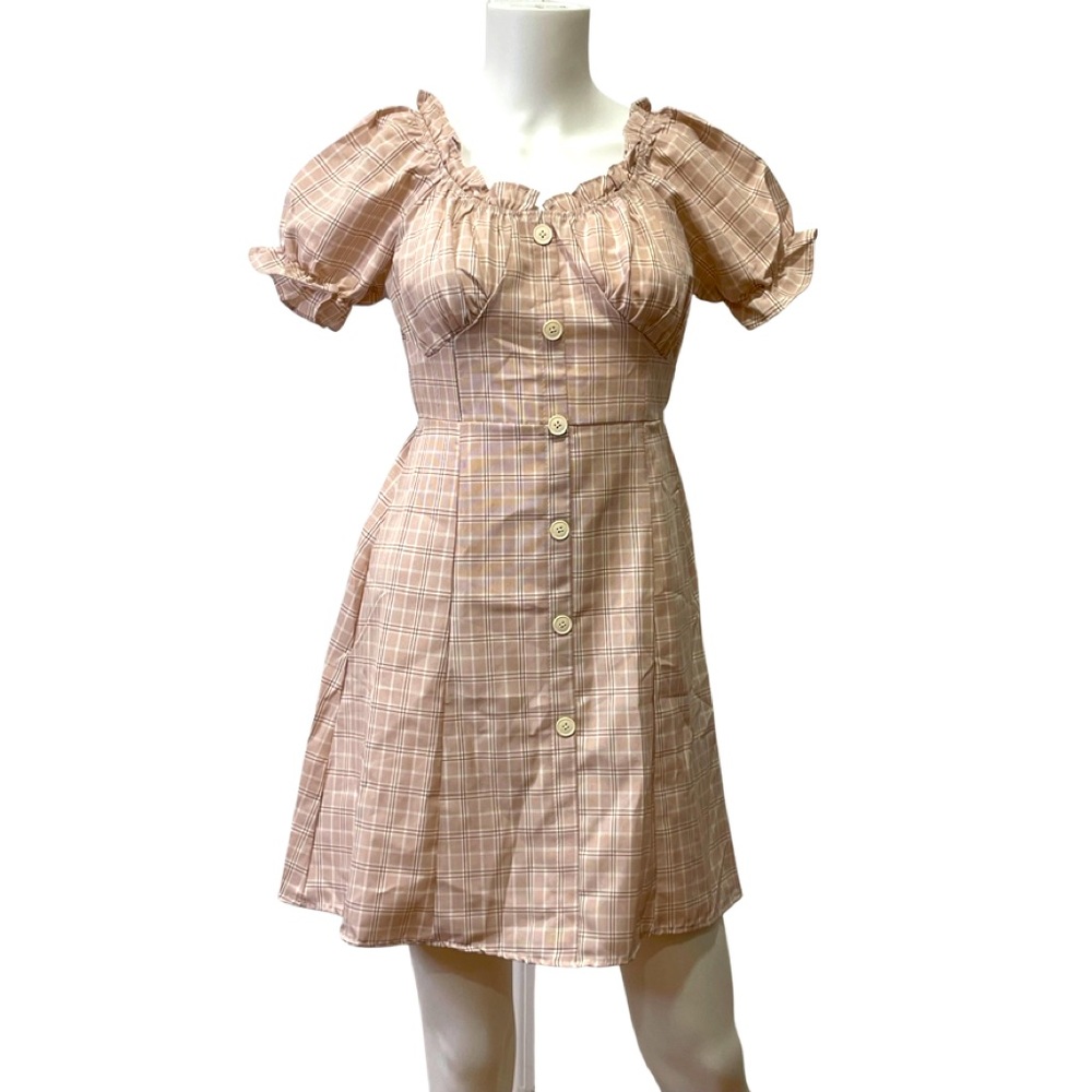 Semi- Puff Sleeves, Checkered Baby Pink Dress